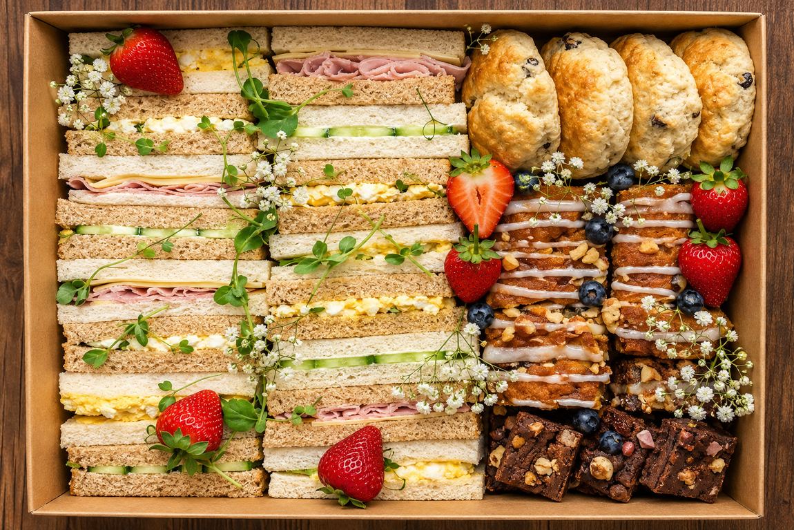 Afternoon tea box with sandwiches and sweets