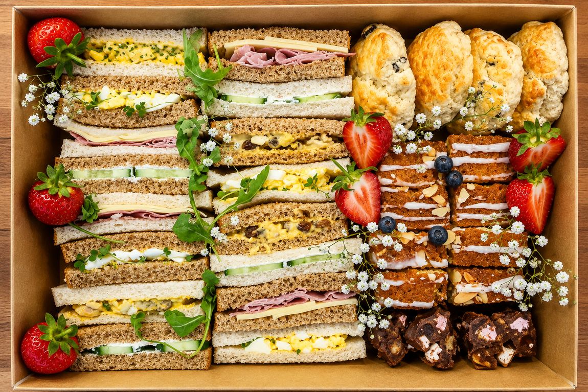 Afternoon tea box with sandwiches, scones and sweets