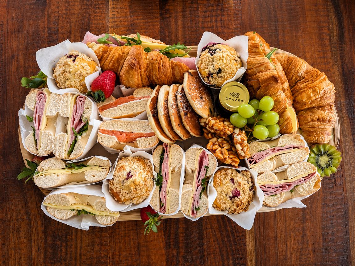 Brunch platter with pastries, fruit and pancakes