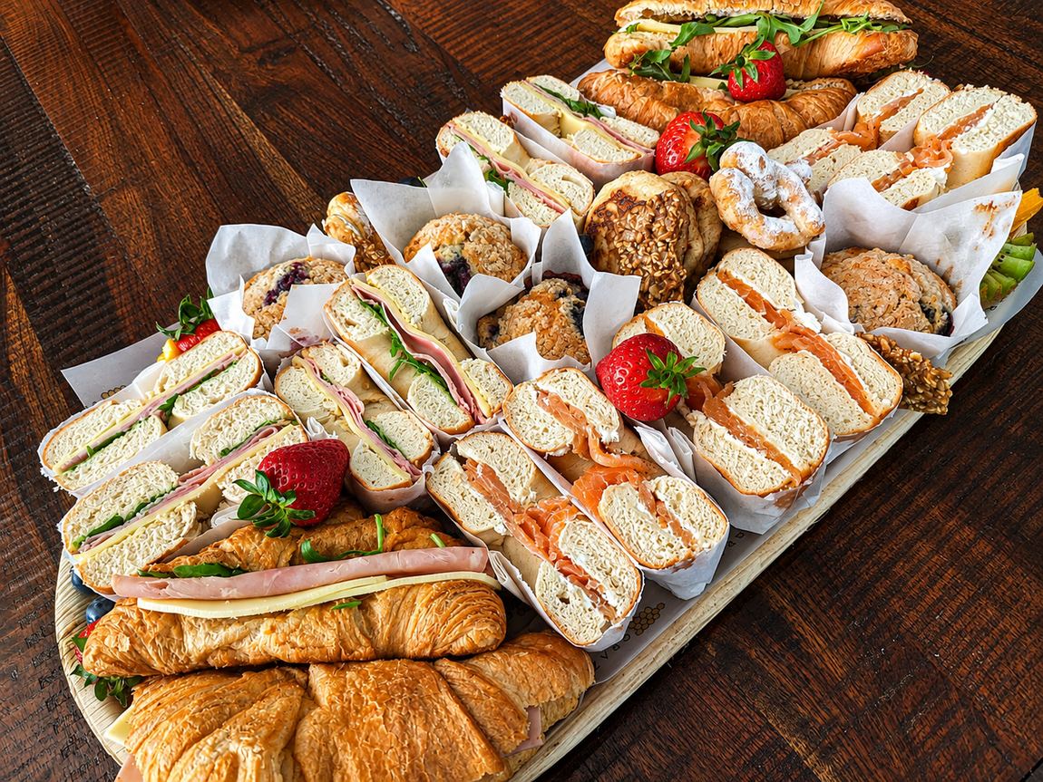 Brunch platter with croissants, bagels and berries