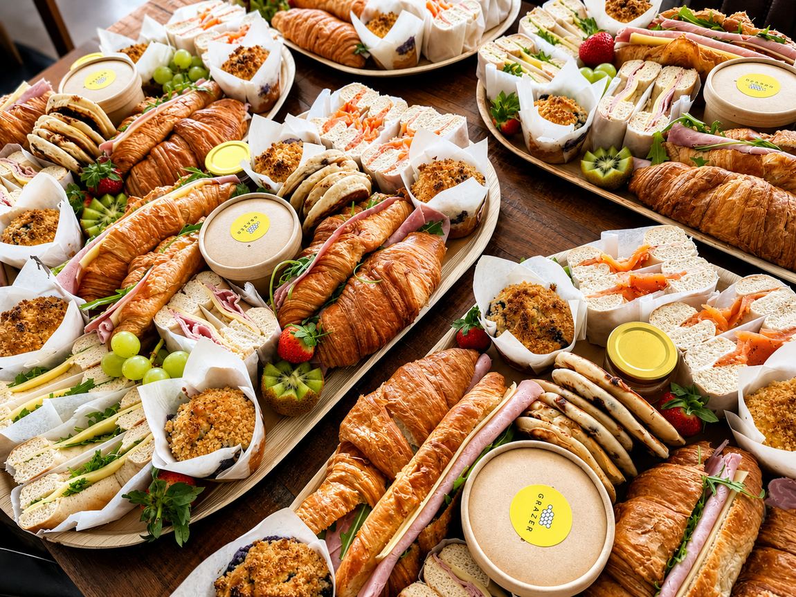 Bagels and croissants on a brunch platter