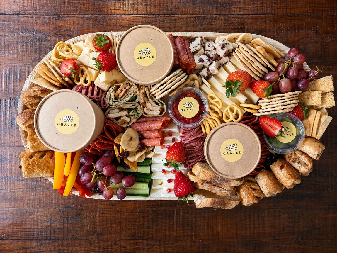 Graze board with cheeses, cured meats and fruit