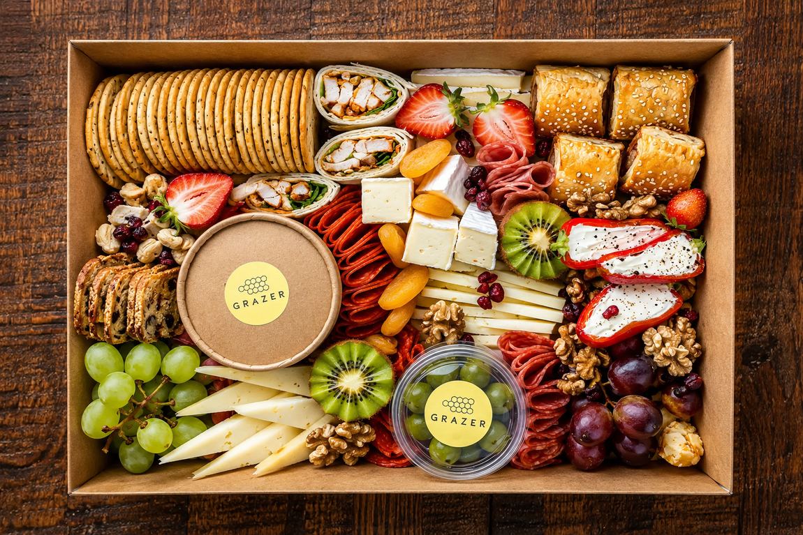 Graze box packed with cheese, meat and fruit