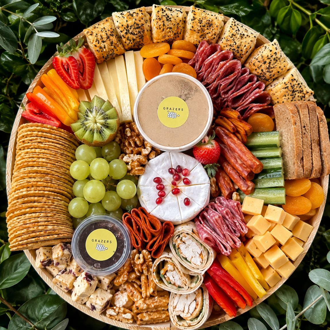 Round graze platter dressed with foliage
