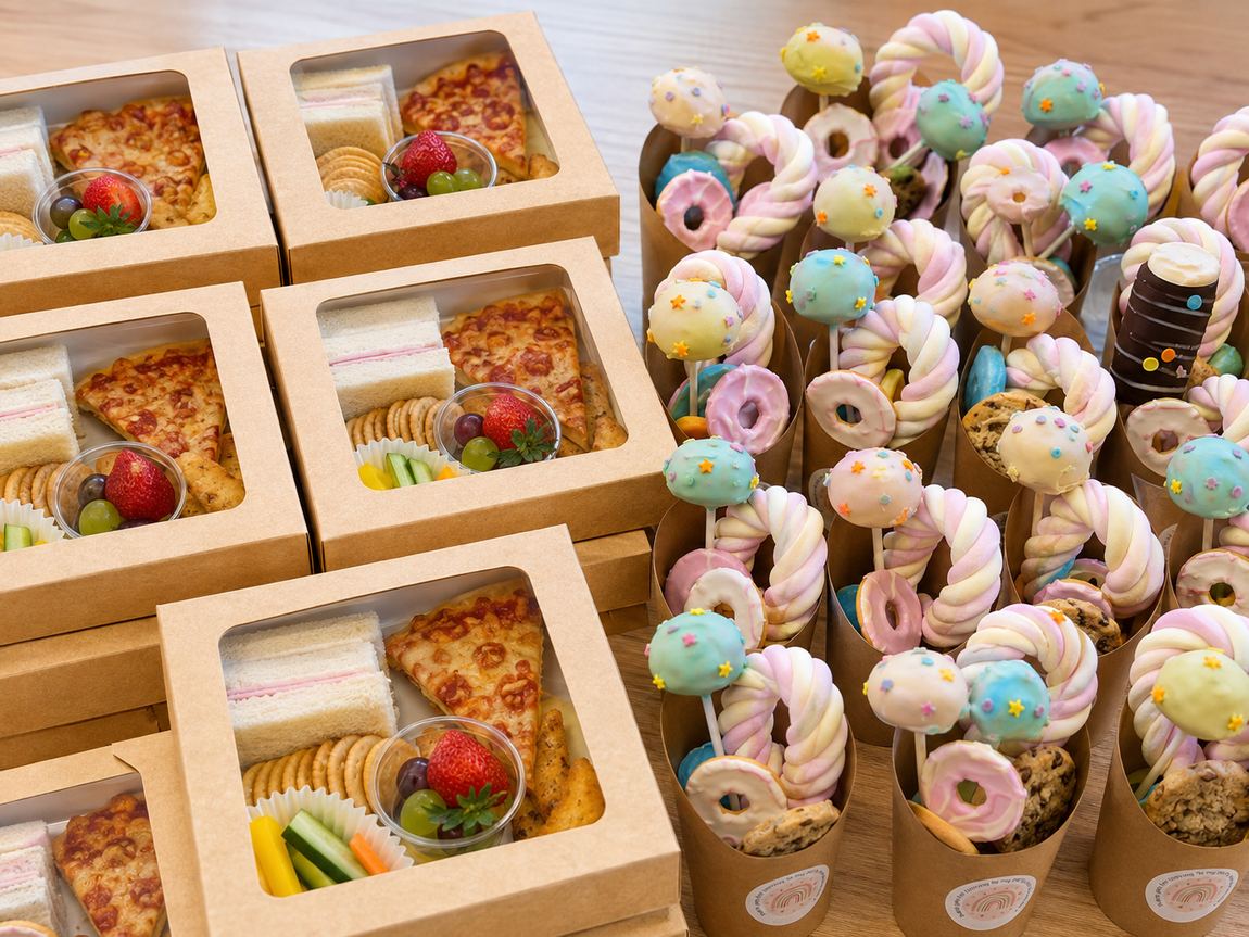 Children's party food boxes alongside sweet cups of cake pops and doughnuts
