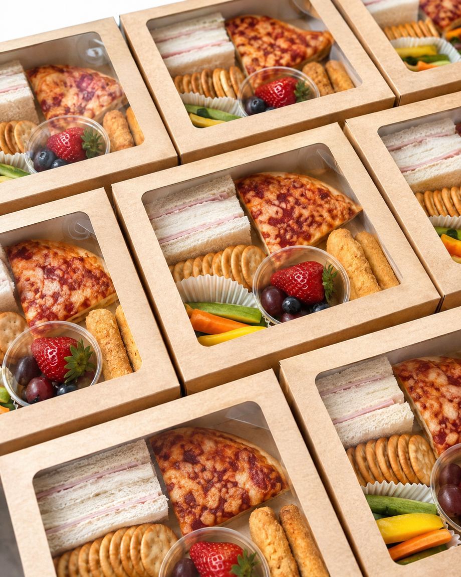 Party boxes with sandwiches, pizza, crackers, veg sticks and fresh fruit