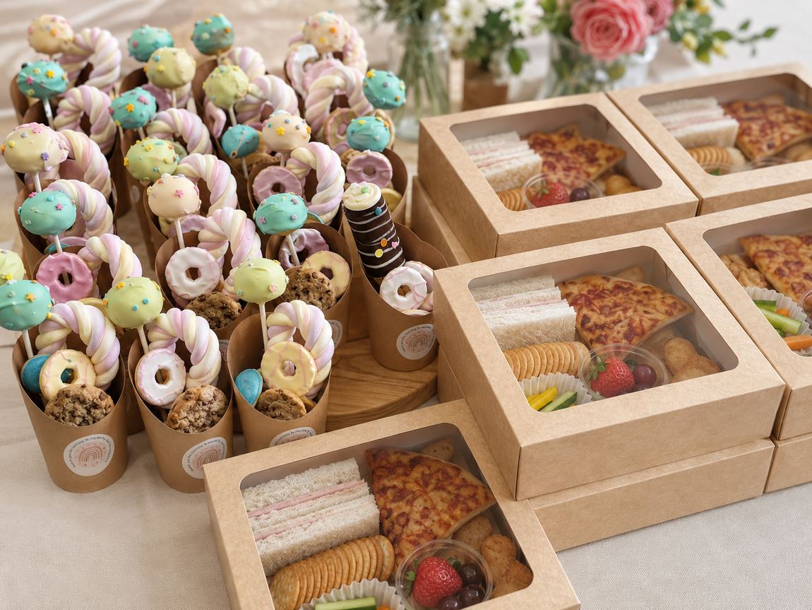 Sweet cups and party boxes set out with flowers