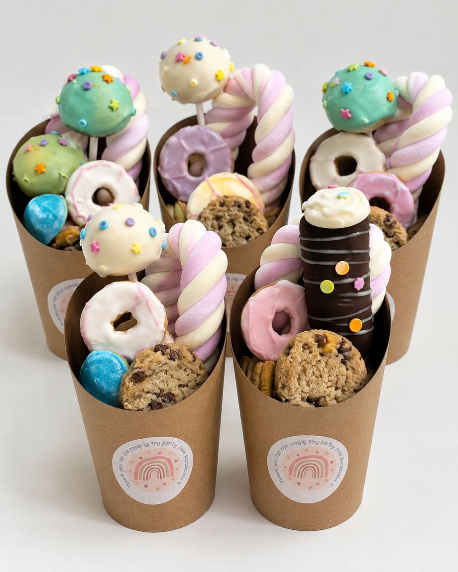 Sweet cups filled with cake pops, doughnuts, cookies and marshmallow twists