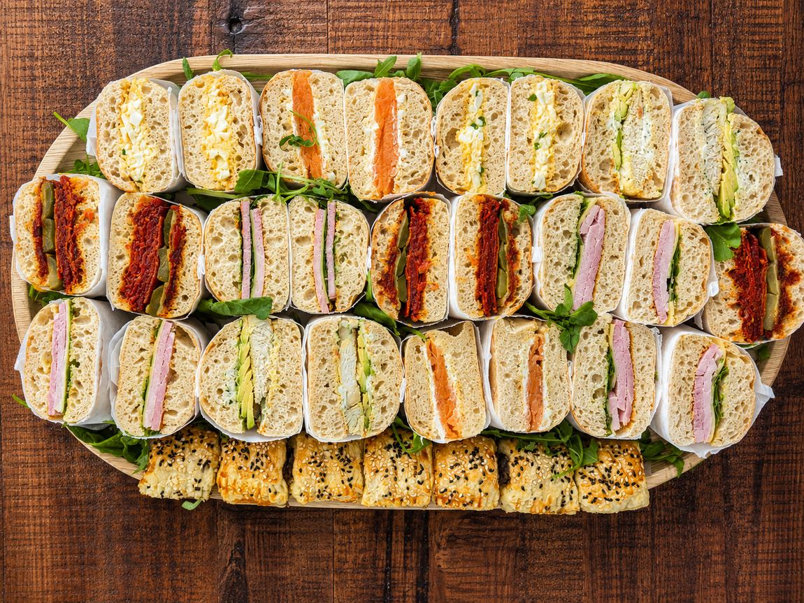 Sandwich platter of fresh ciabatta with mixed fillings