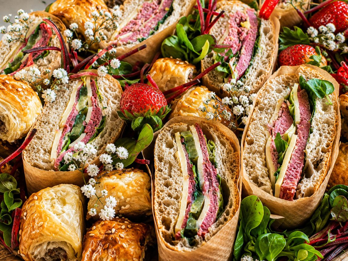 Close up of a sandwich platter with pastries